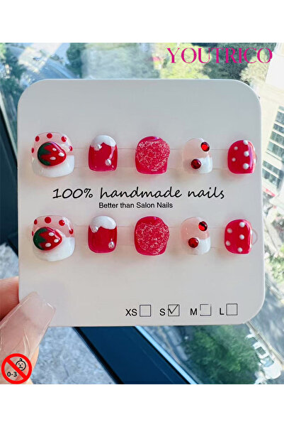 Youtrico أظافر صناعية للأطفال مصنوعة يدويًا بنسبة 100% بلون الفراولة والأخضر،...