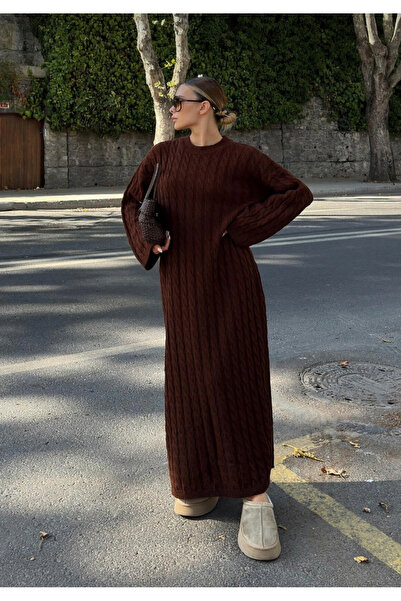 LUSHİGO Women's Crew Neck Hair Braided Knitwear Dress