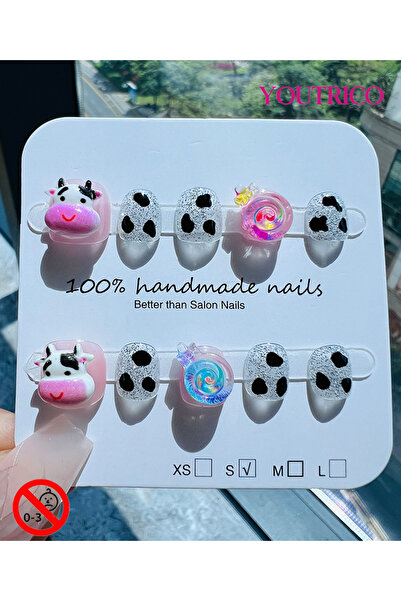 Youtrico أظافر صناعية للأطفال مصنوعة يدويًا بنسبة 100% باللون الأخضر البقري، ...