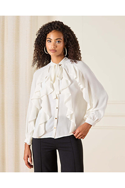 REDTAG Women White Ruffle Detailed Pussy Bow Blouse