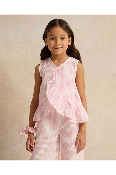 REDTAG Girls Pink Checkered Blouse With Hairband