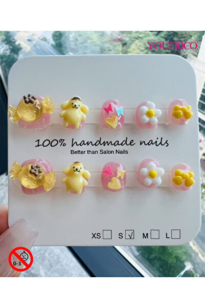 Youtrico أظافر صناعية للأطفال مصنوعة يدويًا بنسبة 100% بلون الحلوى الأخضر، آم...