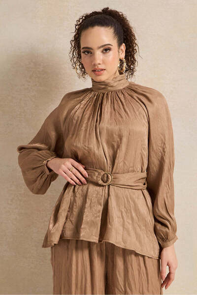 REDTAG Women Bronze Shimmer Crinkle Belted Blouse