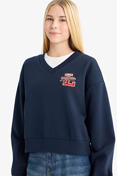 DeFacto Coool Loose Fit V-Neck Printed Sweatshirt F9910Ax25Au