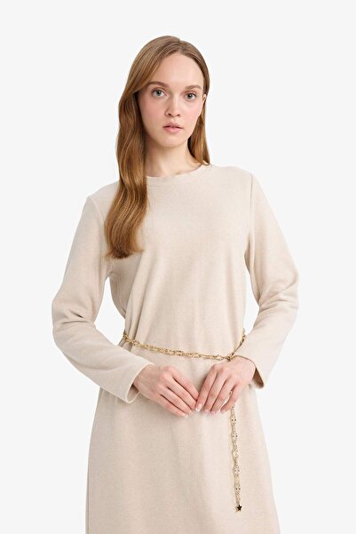 DeFacto Regular Fit Bisiklet Yaka Uzun Kollu Kemerli Maxi Elbise G1885AX25WN