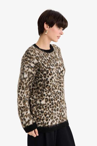 DeFacto Oversized Wide Fit Crew Neck Leopard Print Knitwear Sweater G3386Ax25Wn