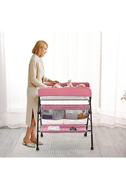 Gogoya طاولة تغيير حفاضات الأطفال بعجلات، قابلة للطي، قابلة لتعديل الارتفاع، مع منظم ورف تخزين (وردي)