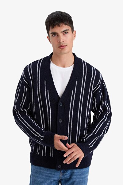 DeFacto Relax Fit V Neck Striped Buttoned Knitwear Cardigan F7279Ax25Wn