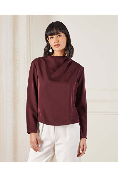 REDTAG Women Burgundy Plain Satin Blouse