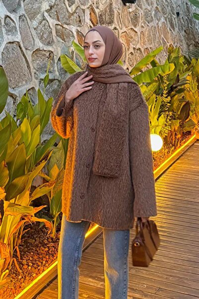 lamelif Μπουφάν με βελούδινο κασκόλ Milky Brown