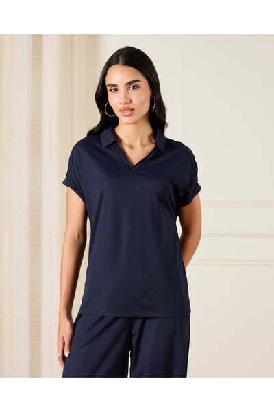 REDTAG Women Navy Embellished Polo T-Shirt