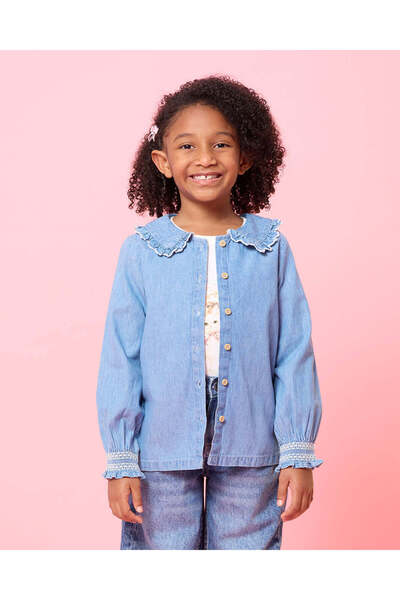 REDTAG Girls Blue Embellished Denim Collared Jacket