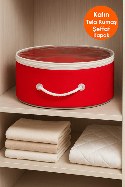Evvera Kırmızı Yuvarlak Şeffaf Kapaklı Hurç – Kalın Tela Kumaş Dolap İçi Düze...
