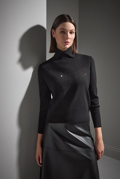 JOIN US Polo Neck Stone Printed Black Knitwear Sweater