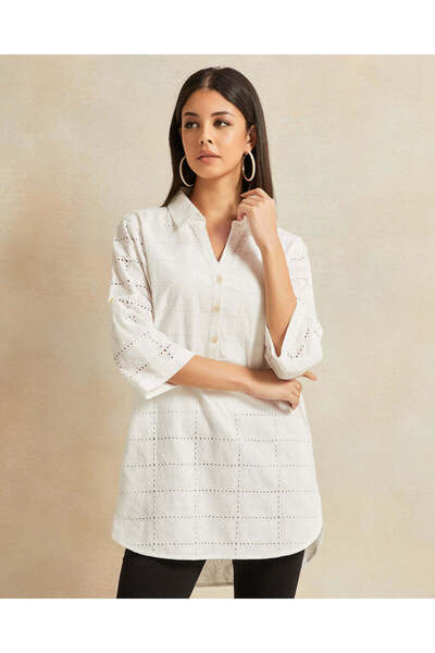 REDTAG Women Ivory Embellished Cotton Shirt