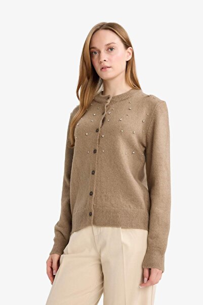 DeFacto Regular Fit Crew Neck Buttoned Stone Knitwear Cardigan E9149Ax25Wn