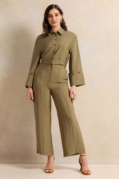 REDTAG Women Olive Waist Pleated Detailed Shirt