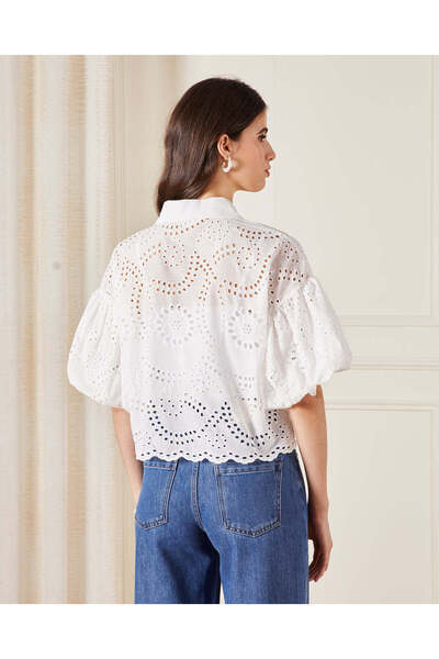 REDTAG Women White Flared Balloon Sleeve Collared Shirt