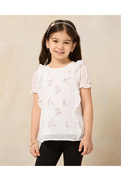 REDTAG Girls White Embroidered Chiffon Blouse