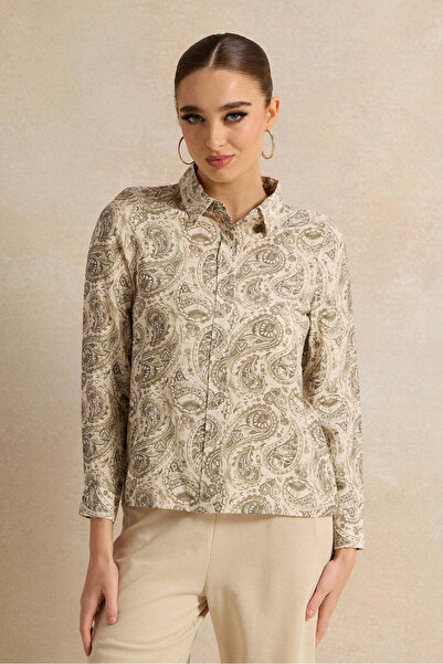 REDTAG Women Beige Printed Collared Shirt Blouse