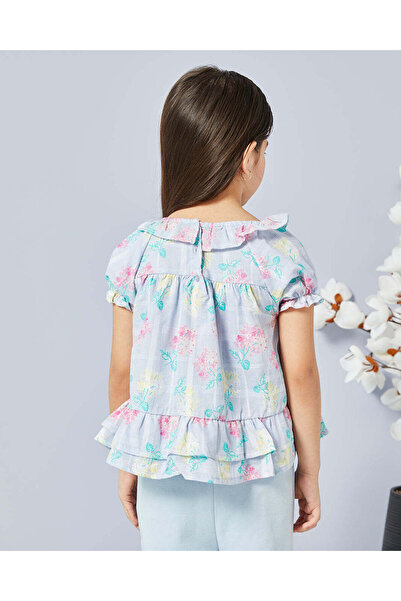 REDTAG Girls Blue Floral Print With Frill Sleeve Blouse
