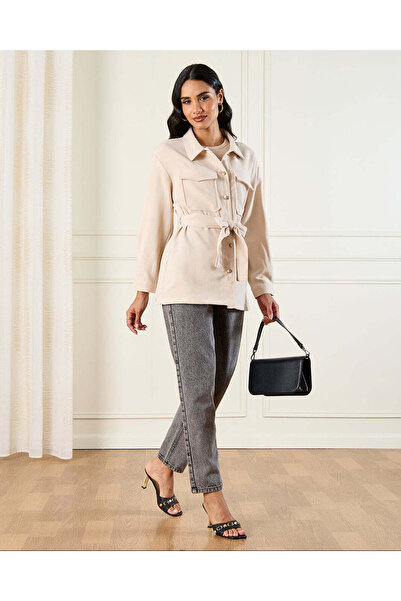 REDTAG Women Ivory Button Down Belted Shirt