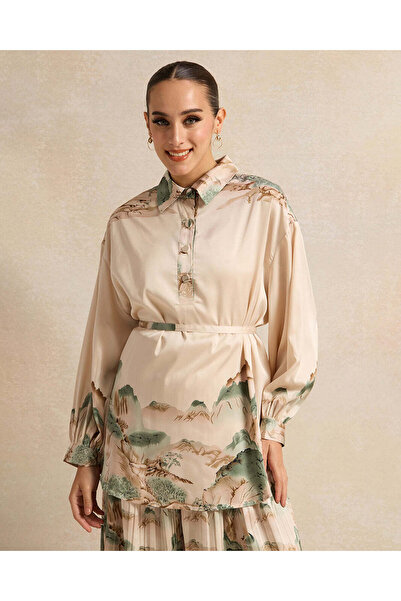 REDTAG Women Beige Wrap Belted Printed Satin Shirt