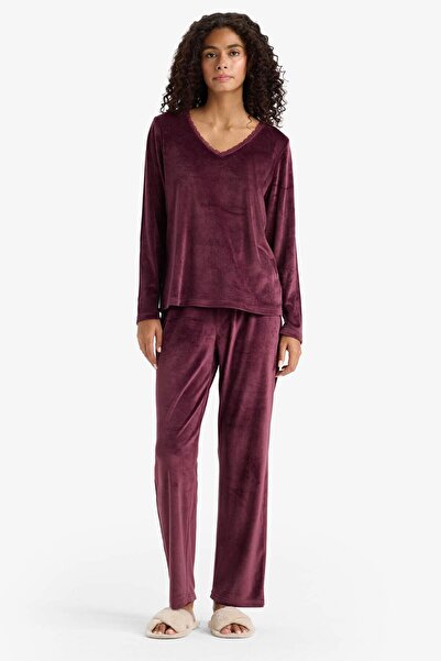 DeFacto Pajama Set Regular Fit Long Sleeve Velour Top Long Bottom-Fall in Love E8691Ax25Wn
