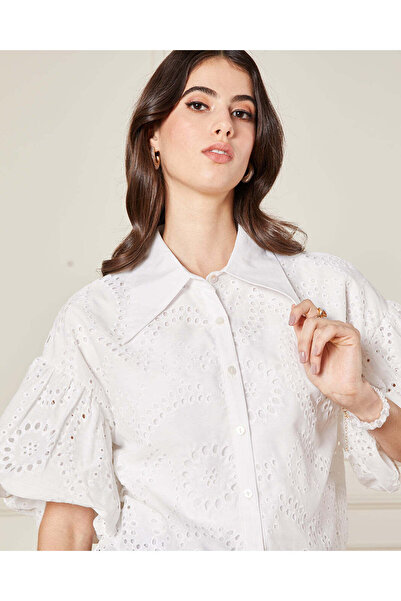 REDTAG Women White Flared Balloon Sleeve Collared Shirt