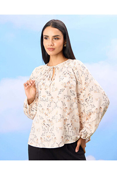 REDTAG Women Ivory Printed Volume Sleeve Tie Detailed Blouse