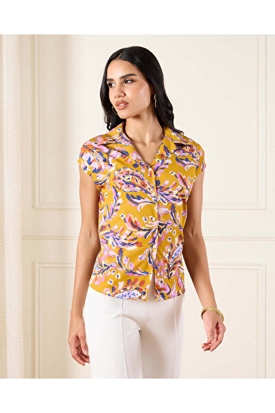 REDTAG Women Orange Printed Drop Shoulder Button Down Shirt