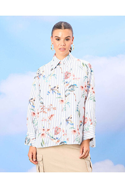 REDTAG Women White Print Detailed Striped Shirt
