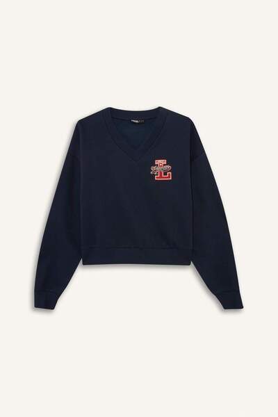 DeFacto Loose Fit V Yaka Baskılı Sweatshirt F9910AX25AU
