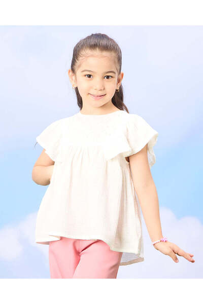 REDTAG بلوزة شيفلي بيضاء بأكمام مكشكشة للبنات