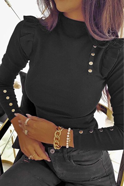 ANATOLIATEKSTILE Bluză Femei cu Nasturi Decorativi – Guler Înalt și Mâneci Lu...