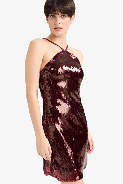 DeFacto Fitted Halter Yaka Payetli Kumaş Kolsuz Mini Elbise G4318AX25AU