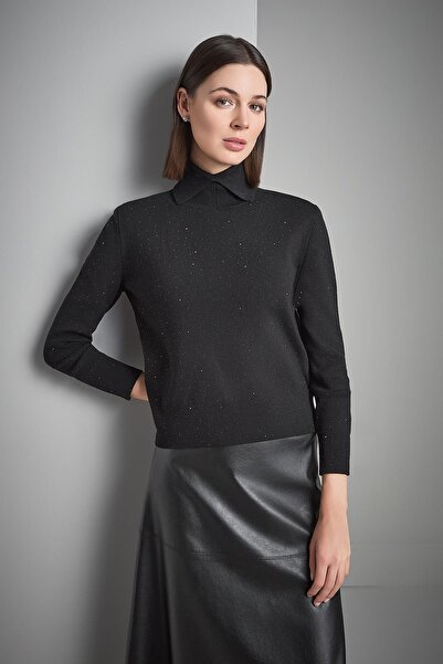 JOIN US Polo Neck Stone Printed Black Knitwear Sweater