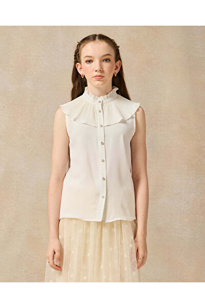 REDTAG Senior Girls White Pleated Peter pan Collar Blouse