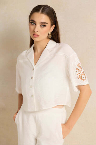 REDTAG Women Ivory Embellished Cropped Shirt Blouse