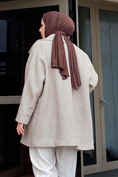 lamelif Zigzag Pattern Herringbone Coat Beige