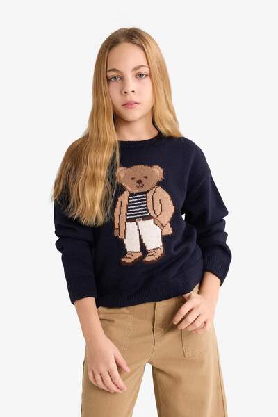 DeFacto Kız Çocuk Bisiklet Yaka Ayı Baskılı Triko Kazak G3068A825AU