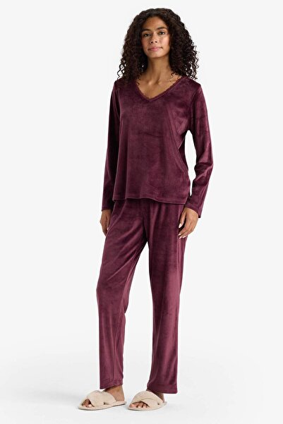 DeFacto Pajama Set Regular Fit Long Sleeve Velour Top Long Bottom-Fall in Love E8691Ax25Wn