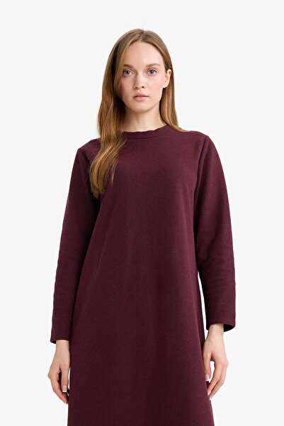 DeFacto Regular Fit Bisiklet Yaka Uzun Kollu Kemerli Maxi Elbise G1885AX25WN