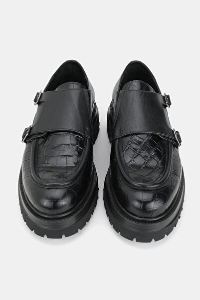 TUNAELLİ Men's Black Crocodile Patterned Genuine Natural Leather Shoes with Double Buckle, Size 39-45-46