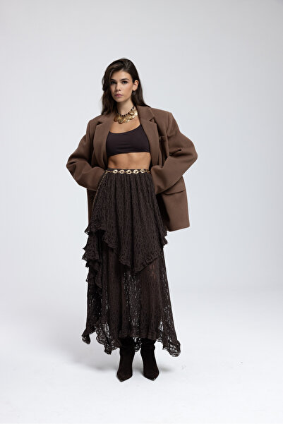 MAI STUDIOS CO. Fusta asimetrică din dantelă maro Mireya