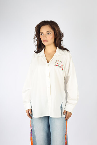 Ysatis Women's Comfortable Fit Embossed Pattern Long Sleeve White Shirt 2525.6000142-White