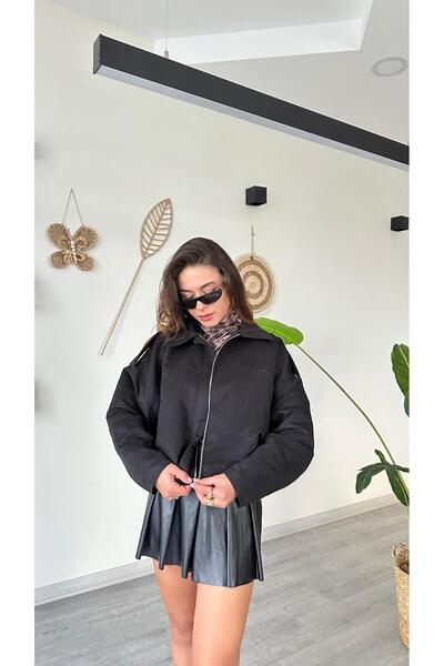 modadagiyim Women's Zippered Balloon Sleeve Lined Short Suede Bomber Jacket