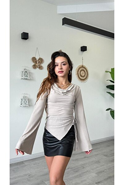 modadagiyim Women's Asymmetrical Cut Drawstring Spanish Sleeve Design Blouse