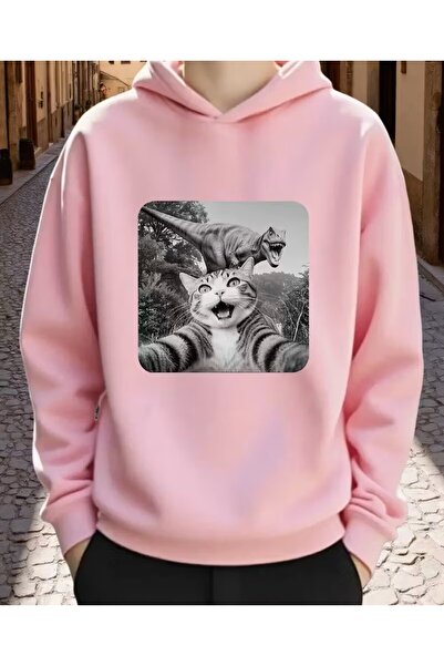 oneagılyazı Black and White Cat and Trex Printed Hooded Sweatshirt
