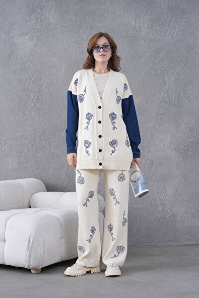 Miss Allos Women's Sleeves Denim Front Beaded Wide Fit Knitwear Cardigan and Pants Bottom-Top Set